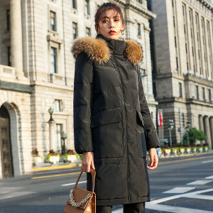 冰洁 女中长款连帽毛领羽绒服