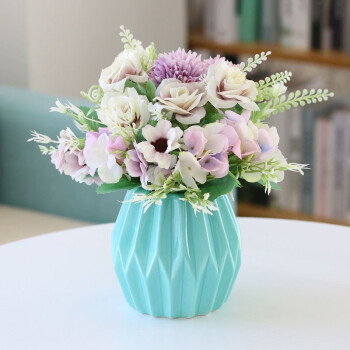 居苒陈设 客厅仿真花艺摆件 角玫紫色2束+陶瓷蓝瓶
