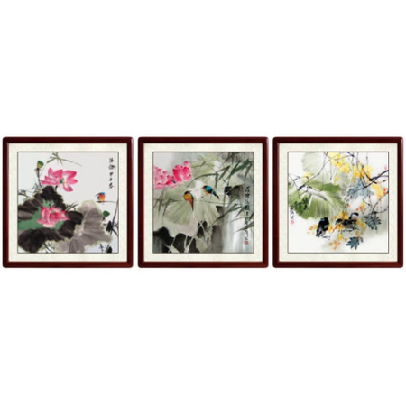 手绘国画 花鸟风景山水画 背景墙挂画 中式装饰画 三联画