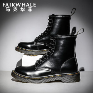 马克华菲 男女款高帮英伦风 牛皮漆皮马丁靴