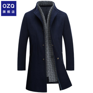 OZQ 男士修身中长款羊毛呢大衣