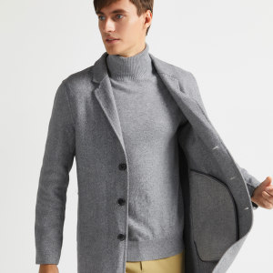 拉夫劳伦制造商本米 男70%美利奴羊毛 人字纹西装领大衣