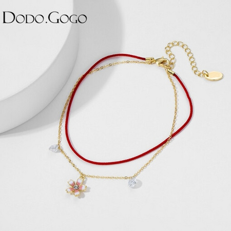 DODOGOGO 女士花朵双层红绳脚链