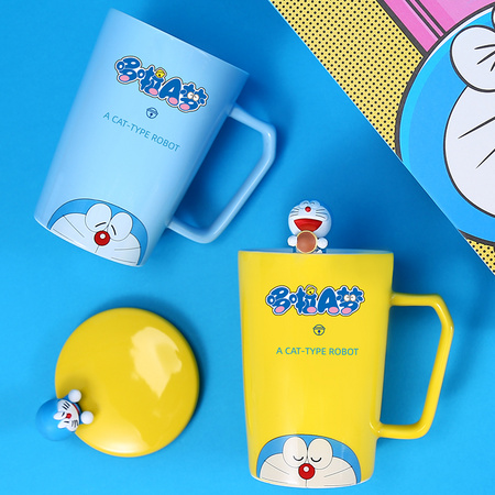 觉色 哆啦a梦陶瓷带盖勺马克杯 400ml