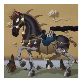 客厅玄关卧室办公室装饰画版画邓新黎马系列《赤焰黑麒麟》70x70cm