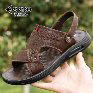 爱登堡 男士 21年新款 乳胶+气垫 真皮凉拖鞋