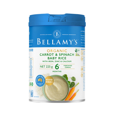 88VIP：BELLAMY'S 贝拉米 宝宝辅食6+高铁有机 胡萝卜菠菜大米粉 225g